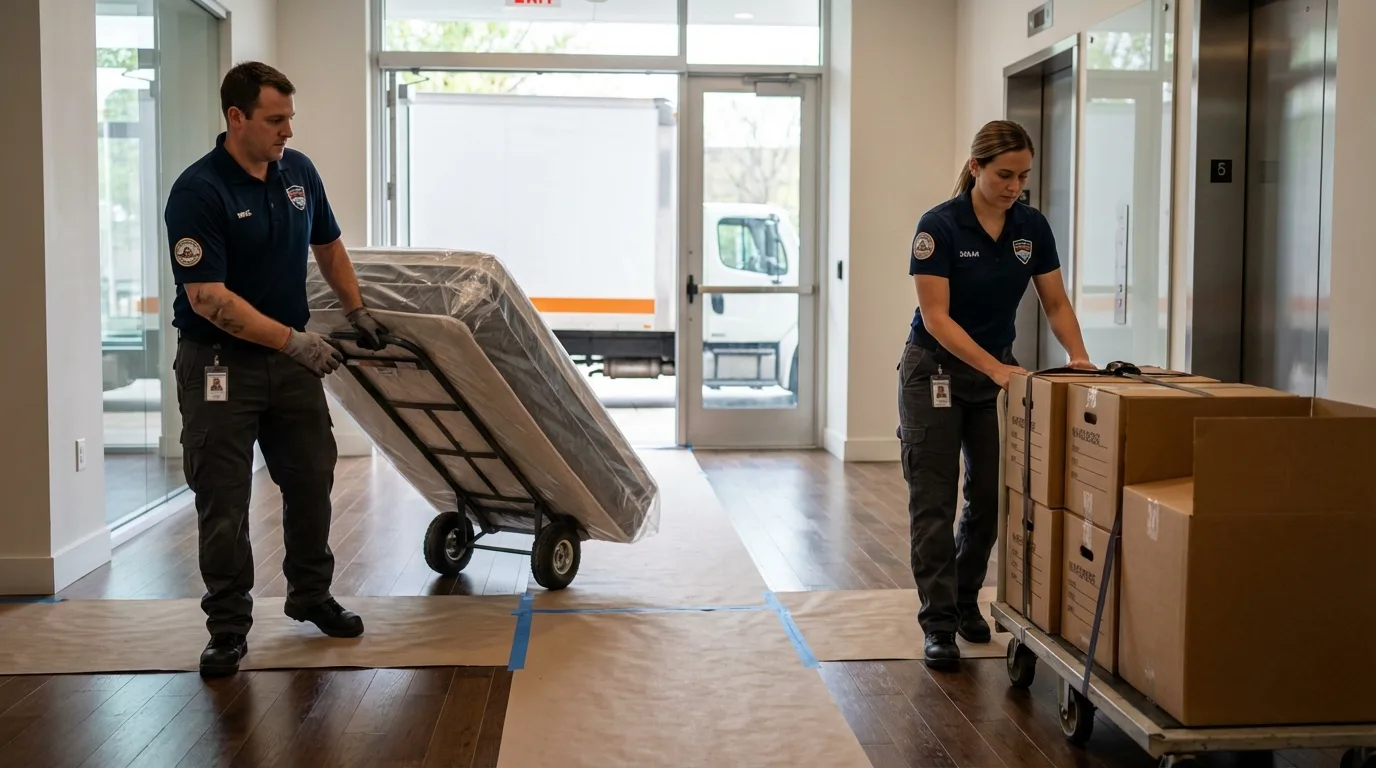 Professional apartment movers loading elevator in Troy, TN
